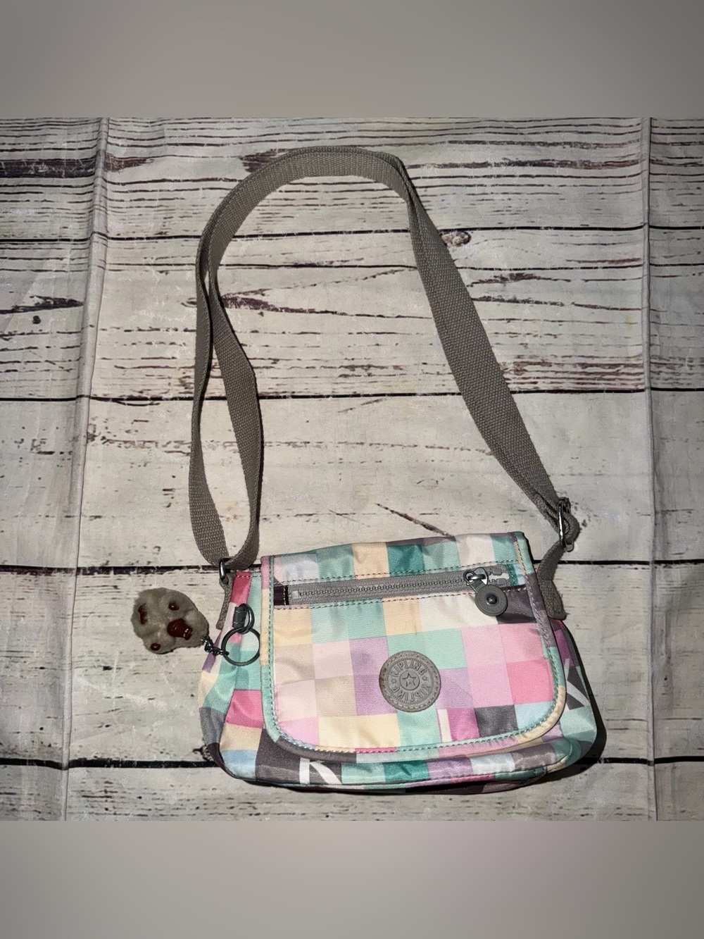 Kipling Pastel Check Crossbody Bag - Pink, Blue, Cream, Green